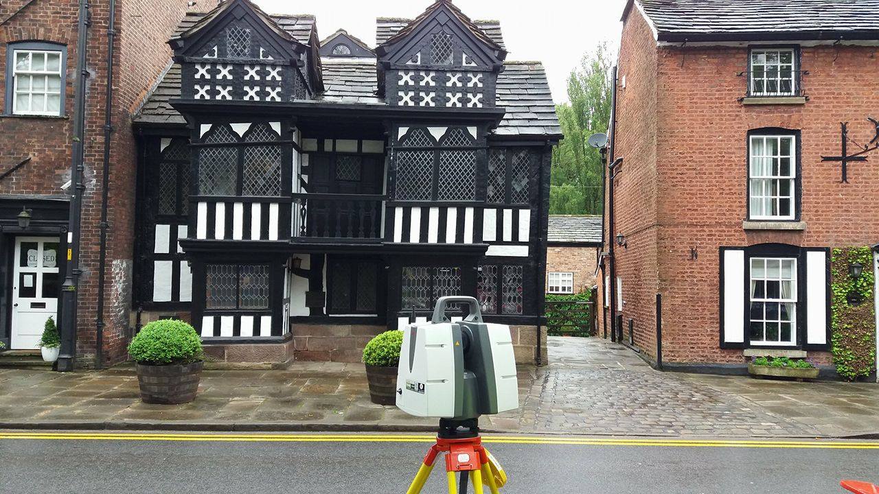 Laser scanner outside priests house, prestbury