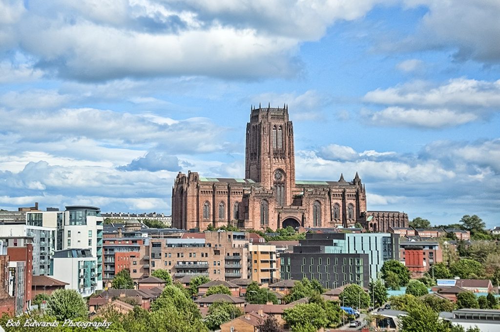 Liverpool cathedral with blue skies taken from far away