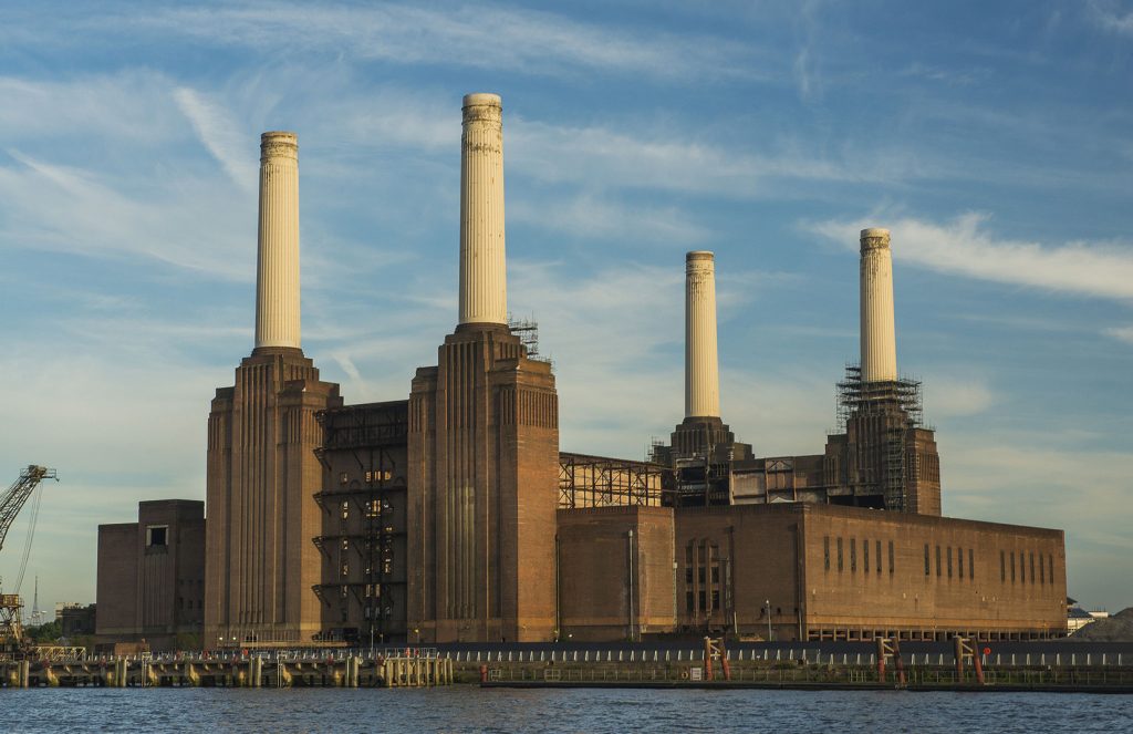 battersea power station with blue skies