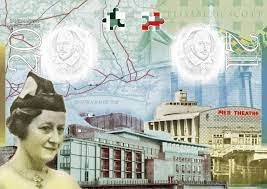 page from the UK passport, with elisabeth scott and her designs on the page