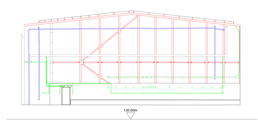 Internal elevation with red, blue and green lines which show the structure