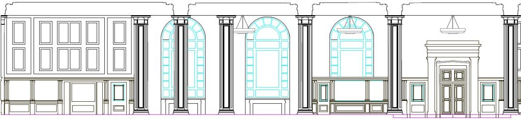 Internal elevation of a building, showing window details, along with beams and doordrames