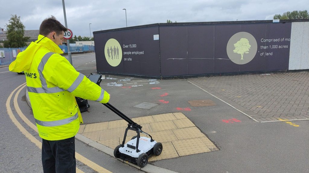 mala being used on a street to find underground utility cables and pipes which is GPR (utility mapping)