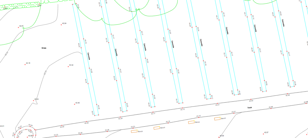 a topographical drawing of a cemetery, showing burial plots and features such as trees, in a line drawing format