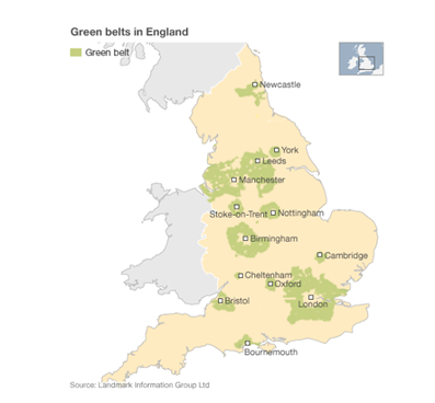 Drawn map of England, showing greenbelt land